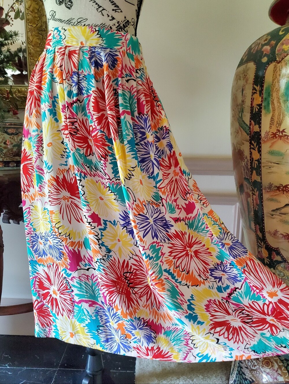 Vintage 100% Silk A-line Summer Floral Skirt White Multicolor